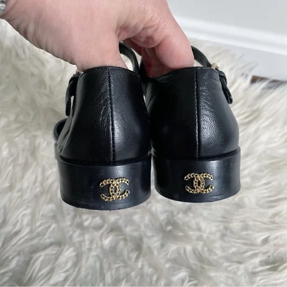 Chanel 23P Mary Jane Ankle Strap Black Leather CC Logo Flat Shoes 36.5 - Picture 8 of 11